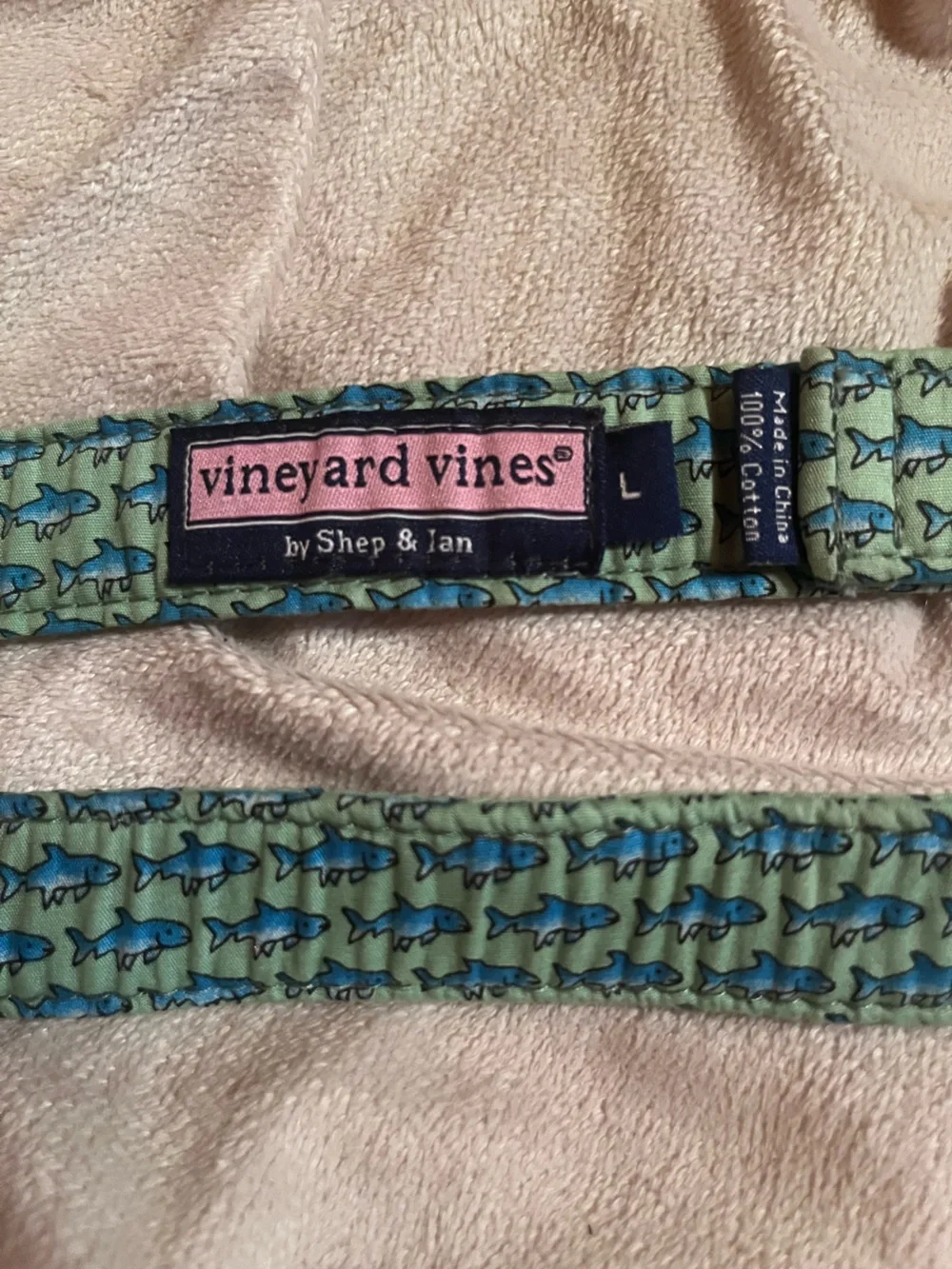 Vineyard Vines Green Belt with Blue Shark Print 34”